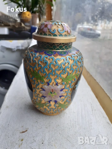 Клоазоне cloisonne клетъчен емайл бронз ваза буркан, снимка 2 - Антикварни и старинни предмети - 53335704