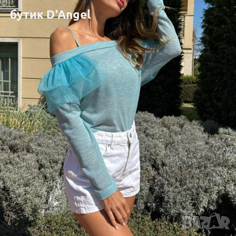 НАМАЛЕНА Блуза с голи рамене в цвят тюркоаз , снимка 5 - Блузи с дълъг ръкав и пуловери - 44911765