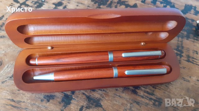 писалка и химикалка комплект метал и махагон, в махагонова кутия