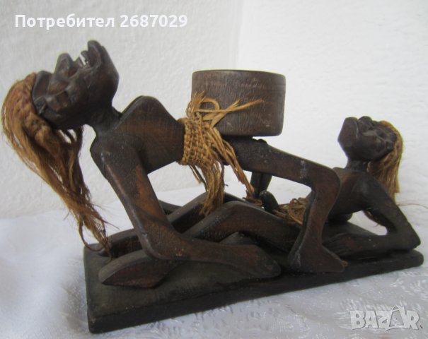 негри 25 см дълга композиция от дърво с дървен съд, жена керамика моливник, пепелник, снимка 10 - Статуетки - 37587922