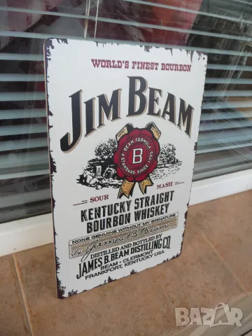 Метална табела уиски бърбън Jim Beam Bourbon бял етикет печат декорация бар, снимка 2 - Рекламни табели - 49801574