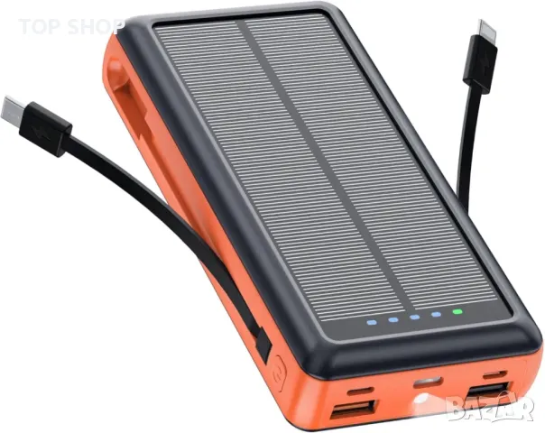 Соларна външна батерия, 20000mAh преносимо зарядно, вградени 2 кабела
