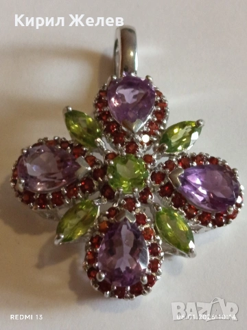 Сребърна висулка с флорален мотив инкростация на АЛЕКСАНДРИТ,ДИАМАНТ,ГРАНАТ ефектна стилна 52501, снимка 5 - Колиета, медальони, синджири - 53003105