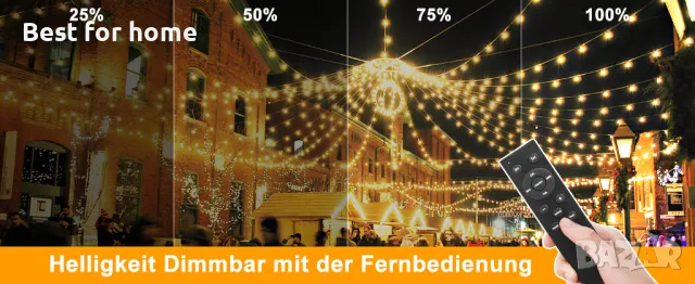 Светлинна верига 30 метра, 46 крушки, дистанионно, топло бяла FGRYB, снимка 11 - Външни лампи - 48486065