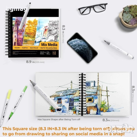 Ohuhu скицник 225x210 mm,със спирала,124 страници/62 листа-200g/m²-Твърди корици-Блок за рисуване, снимка 6 - Ученически пособия, канцеларски материали - 52186853