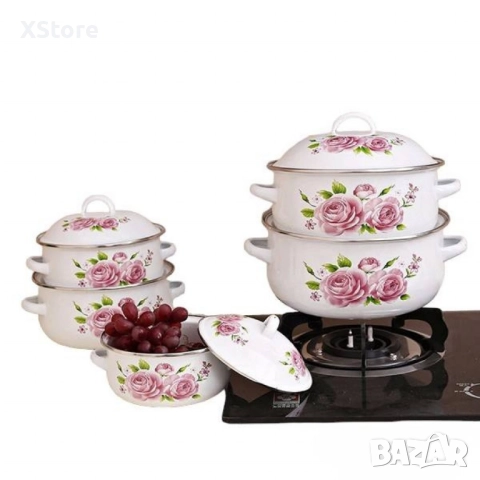 Комплект 5 бр. емайлирани тенджери с незалепващо покритите + капаци ТОП КАЧЕСТВО