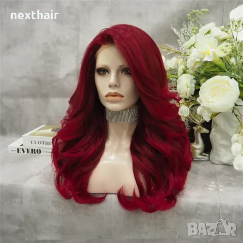 Луксозна бордо бургунди перука с дълбоки вълни и дантела лейс фронт, снимка 4 - Аксесоари за коса - 48012704
