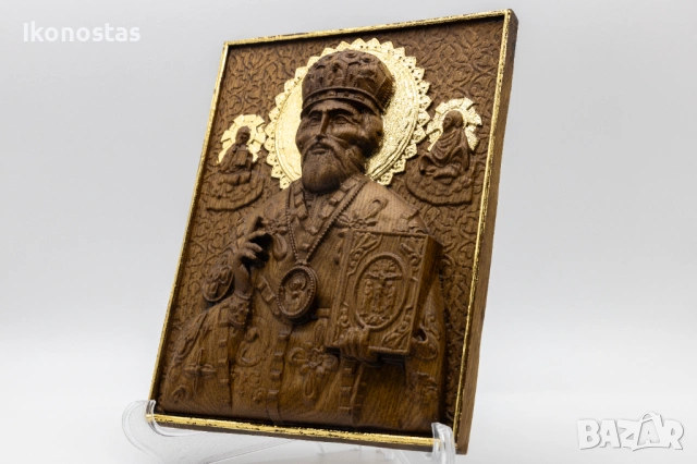 Релефна икона на Свети Николай Чудотворец – позлатена с варак, снимка 3 - Икони - 53223929