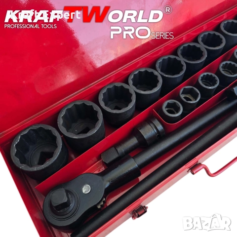Гедоре 21 части с 12-стенни ударни вложки KraftWorld 3/4″ – професионален комплект за камиони, снимка 3 - Гедорета - 51465855