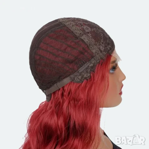 Тъмно червена бордо синтетична перука с дантела, снимка 5 - Аксесоари за коса - 50776843