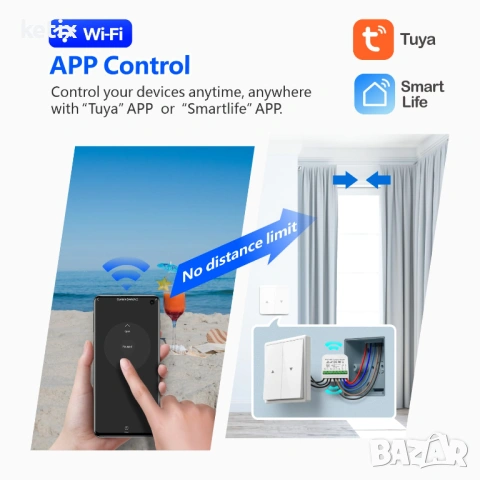 WIFI интелигентен контролер за ролетни щори с 433Mhz RF дистанционно управление, снимка 6 - Друга електроника - 53540530