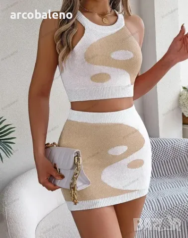 Дамски трикотажен комплект с оголен корем и пола в контрастен цвят, 3цвята , снимка 12 - Комплекти - 48445847