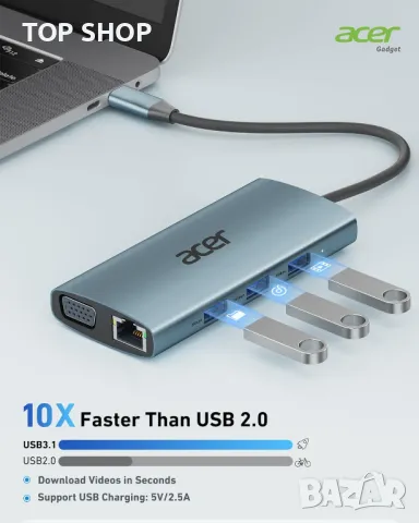 Acer USB C хъб с 4k HDMI, 9-в-1 USB C към Ethernet адаптер, 5Gbps USB-A 3.1 докинг станция, PD 100W, снимка 7 - Кабели и адаптери - 49451994