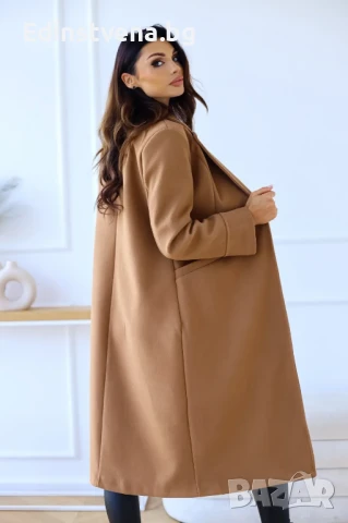 Дамско дълго елегантно бежово палто с класическа кройка, снимка 5 - Якета - 51368365