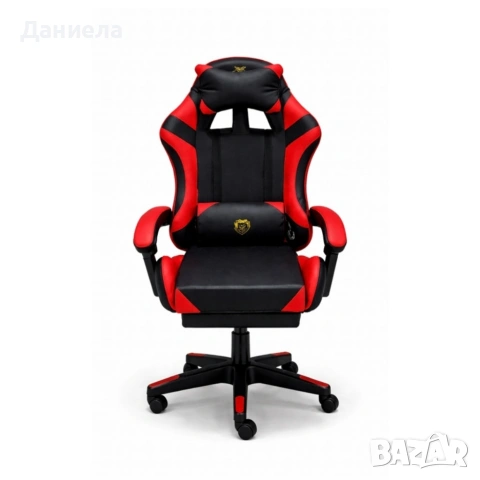 Удобен геймърски стол с поставка за крака и масажна лумбална възглавница, Черно-червен, снимка 6 - Столове - 53443491