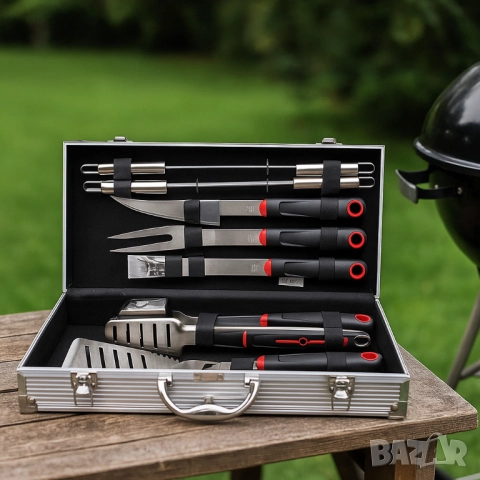 Луксозен комплект от 11 инструмента за барбекю в алуминиев куфар, снимка 3 - Други - 51852457