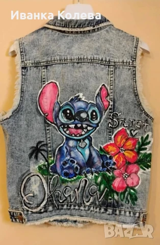 Стич, ръчно рисувано дънково елече, снимка 2 - Детски якета и елеци - 51242734