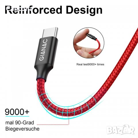 GIANAC USB C кабел, найлоновa oплетка, кабел за бързо зареждане​, снимка 3 - USB кабели - 40199172