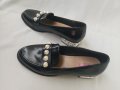 НОВИ Черни кожени елегантни обувки с перли, снимка 9