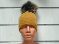Нова зимна дамска шапка с камъчета отпред и с пух/помпон в цвят горчица, снимка 4