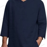 Мъжка широка памучно-ленена риза с V деколте и дълъг ръкав, 5цвята, снимка 5 - Ризи - 39688277