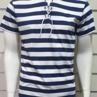Нова мъжка моряшка тениска с връзки на тъмносиньо/бяло райе, снимка 8 - Тениски - 27950602