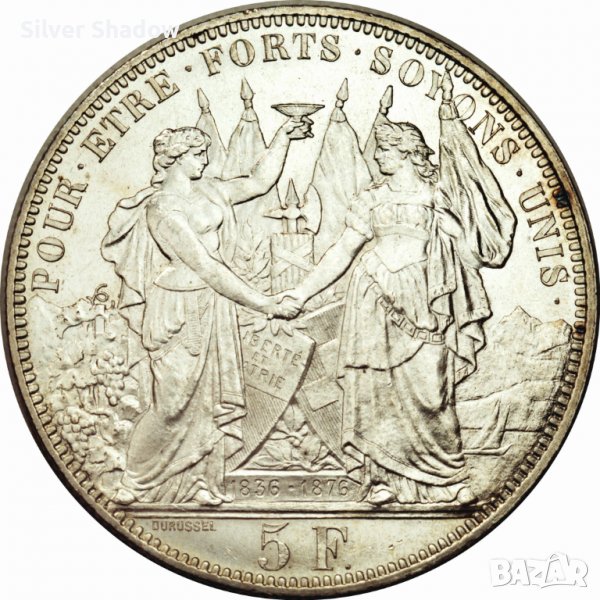 Монета Швейцария 5 Франка 1876 г Кантон Лозана aUNC, снимка 1