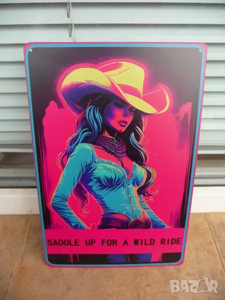 Метална табела еротика каубойка секси каубойска шапка Wild ride sexy, снимка 1