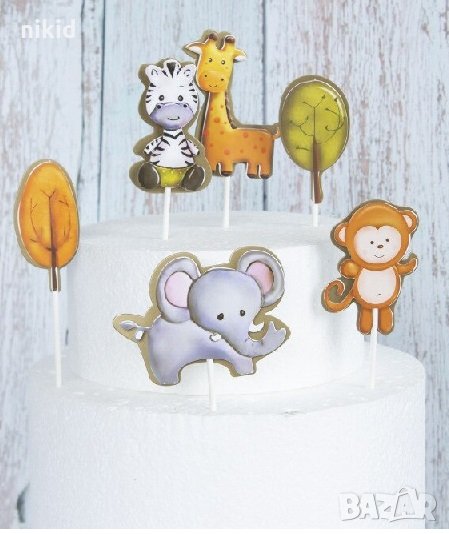 6 бр Слон жираф Зебра Маймунка листа топер картон на клечки украса декор за торта мъфини парти , снимка 1