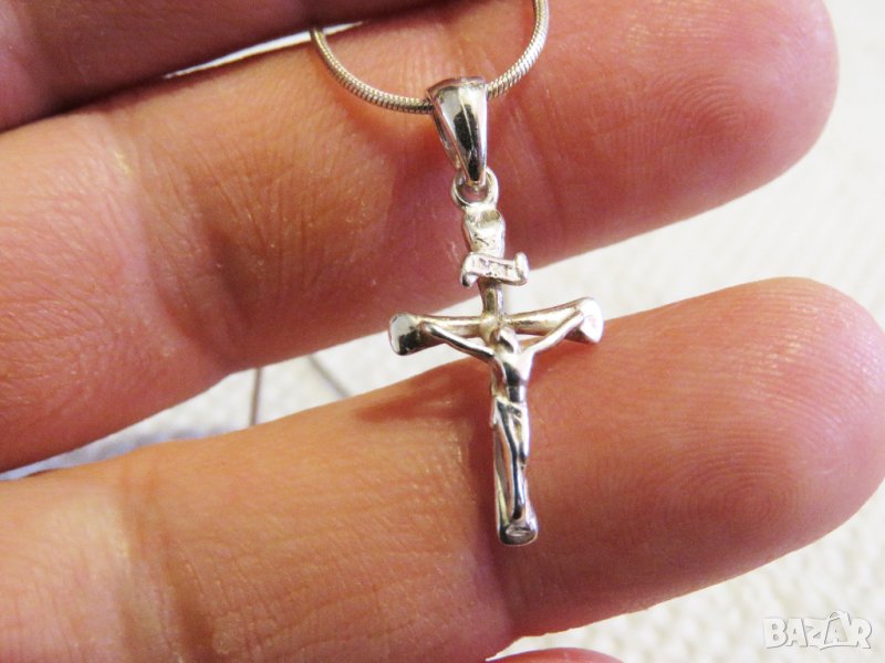 сребърен кръст разпятие  със сребърен синджир, разпятие Христово Исус Христос сребро , снимка 1