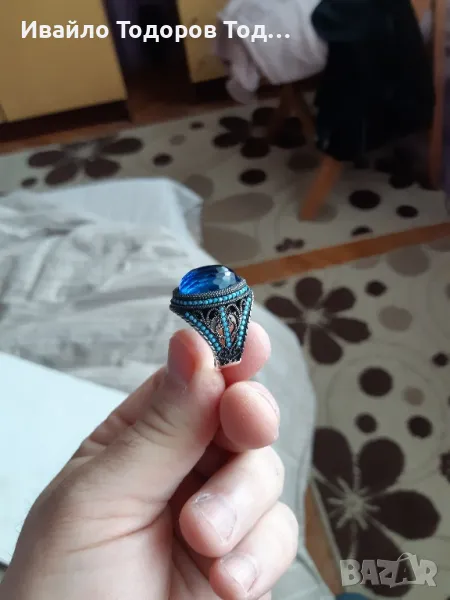 Бутиков сребърен пръстен ръчна изработка с голям аквамарин, снимка 1