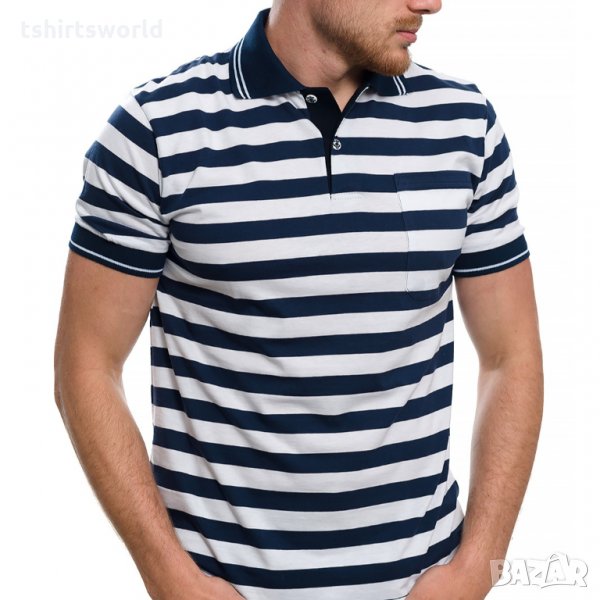 Нова мъжка моряшка блуза на тъмносиньо и бяло райе с яка и копчета, снимка 1