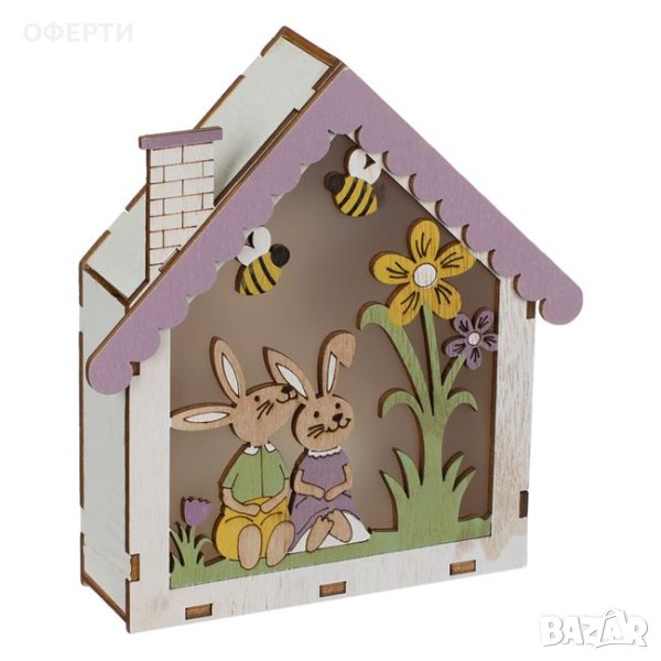Великденска декоративна дървена къща за зайчета 3 LED 13.5x4x15см, снимка 1