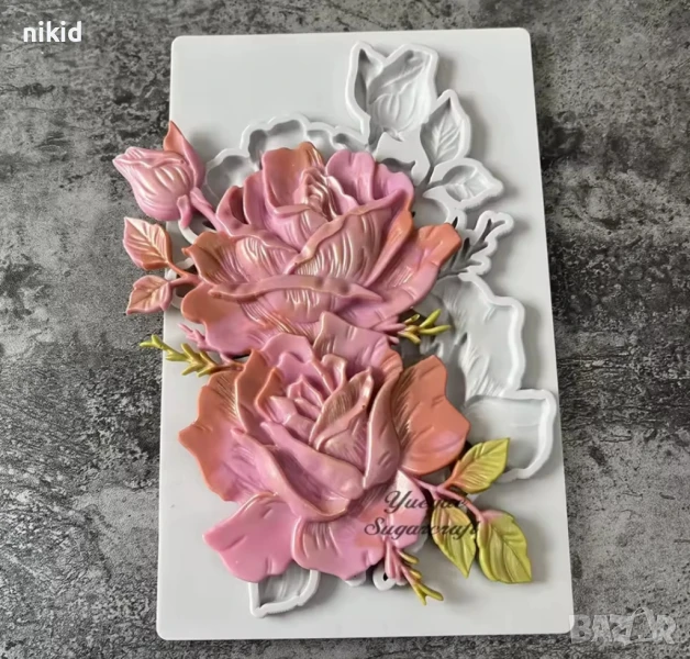 Роза рози цветя божур пано силиконов молд форма фондан декор украса торта гипс, снимка 1