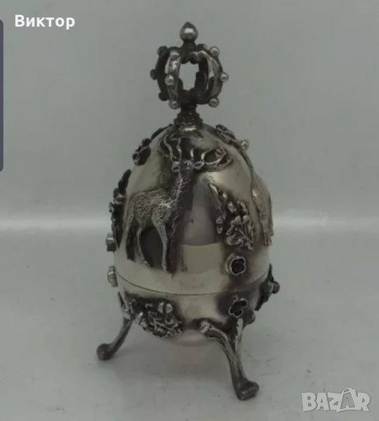 Антично Императорско Руско Сребърно Яйце 1878 година ловна тема елен.Окончателна цена., снимка 1