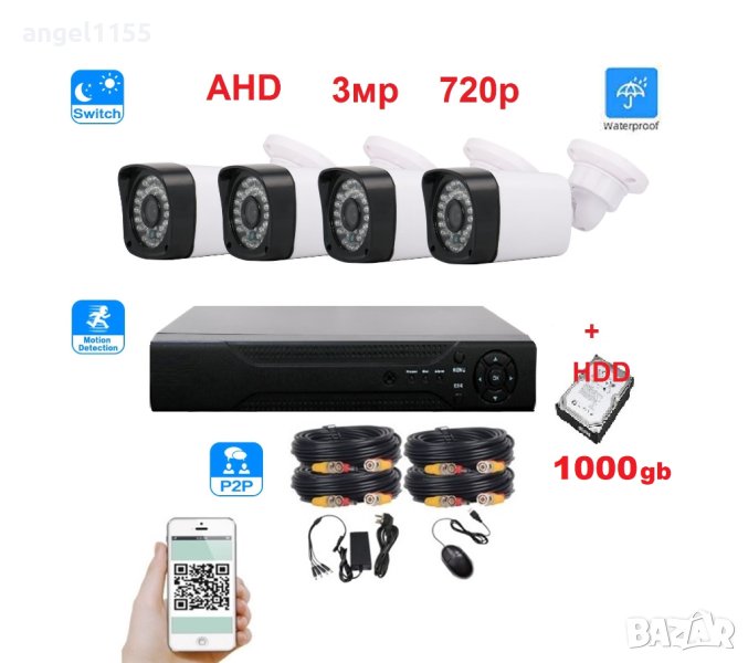 Пълен пакет за видеонаблюдение 1000gb HDD + AHD 720p 3MP камери + AHD DVR + кабели, снимка 1