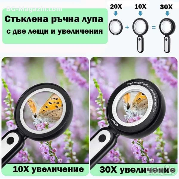 Професионална мощна голяма увеличителна лупа 10x и 30x увеличение LED осветление за четене бижута, снимка 1