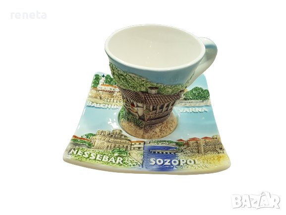 Чаша с чинийка Ahelos, За кафе, Керамични, Многоцветни, снимка 1