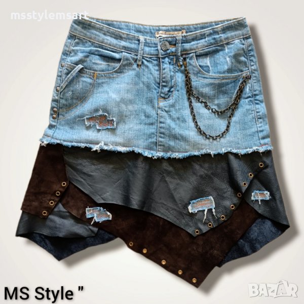 Асиметрична дамска пола от деним и естествена кожа! Ръчна изработка!, снимка 1