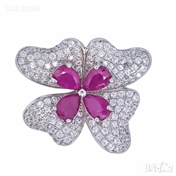 Сребърна Висулка Цвете с Рубини, снимка 1