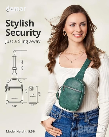 Малка дамска чанта през рамо Vantamo, с RFID и щипка против джебчии, тъмно зелено, снимка 3 - Чанти - 51654789