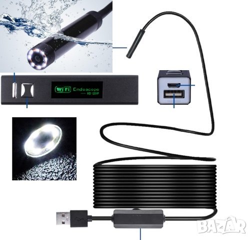 Висококачествен ендоскоп 5мм-1200р USB/C/WiFi, снимка 1 - Камери - 26873832