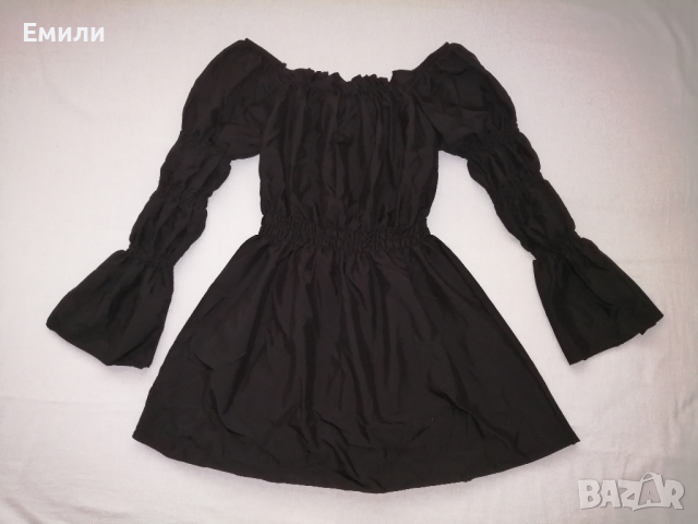 Дамска къса рокля с дълги буфан ръкави в черен цвят р-р S, снимка 3 - Рокли - 44863522