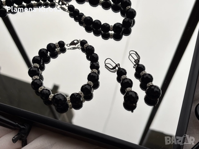 Оникс + сребро 925 | Колие, гривна, обеци, снимка 2 - Бижутерийни комплекти - 52874569