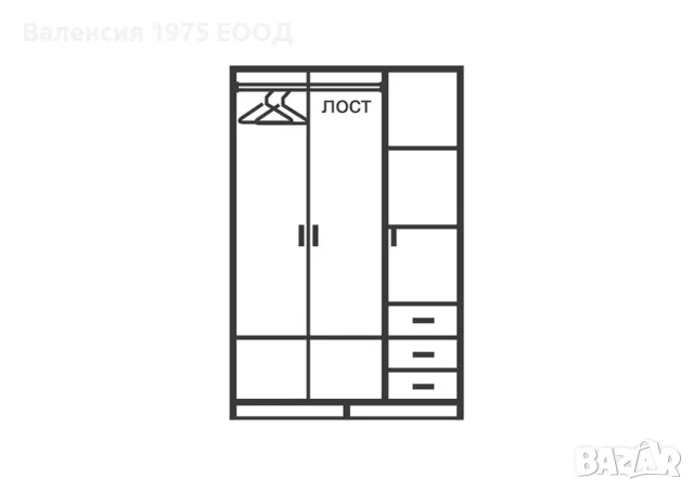 Трикрил гардероб с чекмеджета Сити 1028 бяло/ арвен, снимка 3 - Гардероби - 46495221
