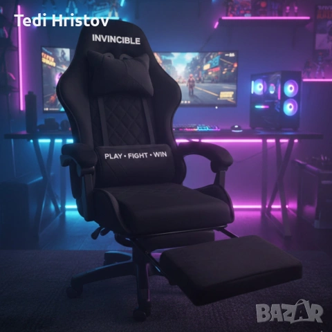 Черен геймърски стол с регулируема височина, лумбална възглавница и метална основа, снимка 2 - Столове - 53239125