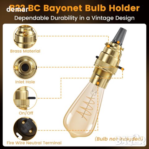 Luxvista B22 BC байонетен държач за крушка, 10 мм предпазен превключвател за лампа, 2 броя, снимка 3 - Други стоки за дома - 43230972