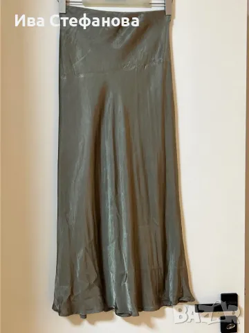 Нова дълга маслено зелена  елегантна пола тип русалка сатен сатенена, снимка 3 - Поли - 49874888