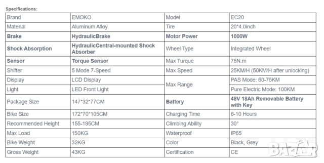 Електрически велосипед/колело EMOKO EC20 PRO 1000W 18AH, снимка 7 - Велосипеди - 52533881