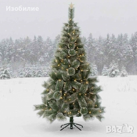 Коледна елха с бели заскрежени връхчета. С пластмасова стойка за 60 и 90см, всички останали са с мет